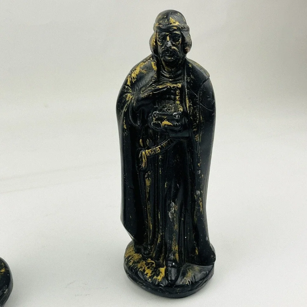 Vtg Three Wisemen Wax Figurines Black‎ with Gold Paint Christmas Nativity Kings